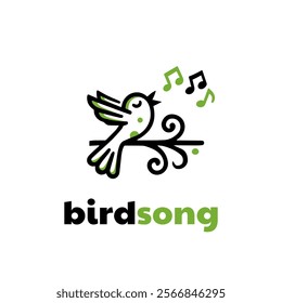 Singing Bird On Tree Branch with Music Notes for Song Vocal or Nature Bird Voice logo design