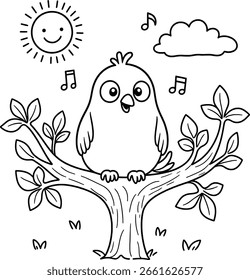 Cantar pássaro em uma árvore Branch colorir páginas para crianças