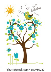 Singing Bird on the tree. Stylized happy cartoon illustration. Flat color vector design. Child theme.