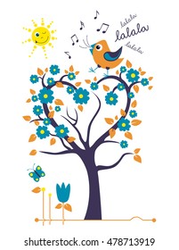 Singing Bird on the tree. Stylized happy cartoon illustration. Flat color vector design. Child theme.