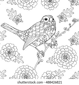 Singing bird, patterned nightingale with marigold flowers, seamless pattern, page for adult colouring book