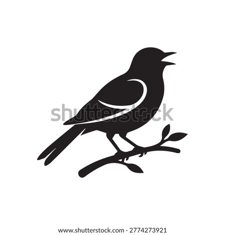 Singing bird silhouette perched on a branch isolated on white background for logo vector graphic