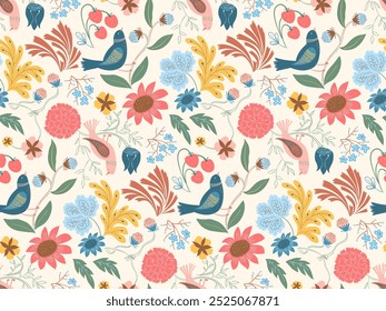 Patrón sin fisuras de Vector de pájaros y flores cantando para la moda de los niños y la decoración del hogar. Lindo fondo de dibujos animados con flores, fresas, plantas, hojas y pájaros en colores brillantes