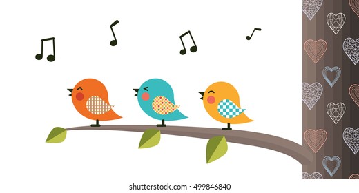 Singing Birds on a branch.Vector cartoon bird.Flat style design