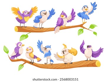 Singing Birds Perching on Tree Branch Vector Set