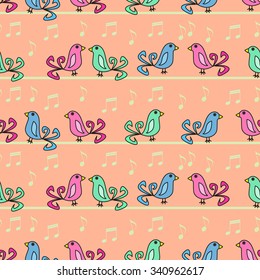 Singing birds, Seamless pattern with colorful cartoon birds