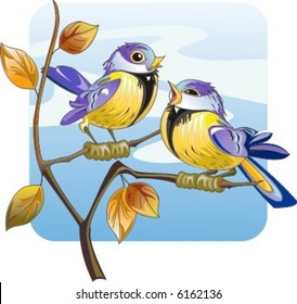 Singing birds sitting on the branch. Colour & strokes on separate layers.