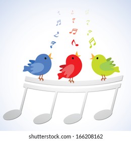 Singing birds. Vector illustration of three little birds singing happily with musical notes.