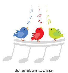 Singing Birds. Vector Illustration Of Three Little Birds Singing Happily With Musical Notes.