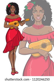 Singing black woman playing ukulele guitar. Beautiful smiling female in fashionable summer red dress with rose in her hair. Vector illustration in pop art, comic, pin up style. Isolated mascot poster.