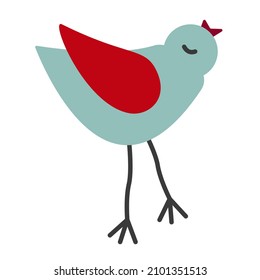 Singing blue bird with handmade red wing. Decor element for Valentine's Day, wedding, Easter. Clipart. Isolated element of decor on a white background. Vector illustration.	
