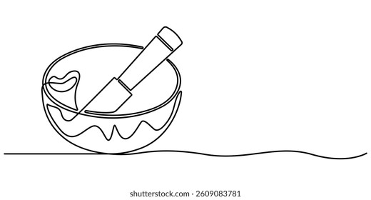 singing bowl icon continuous one line drawing, Tibetan singing bowl with a wooden resonant stick outline vector icon isolated on white background, Single line art singing bowl vector illustration.
