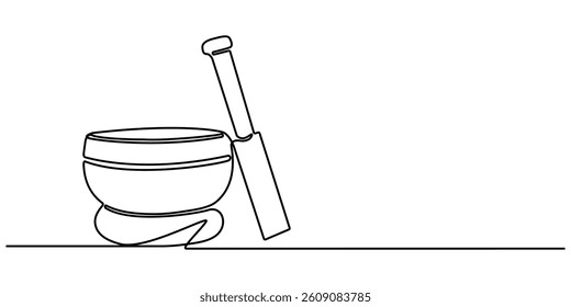 singing bowl icon continuous one line drawing, Tibetan singing bowl with a wooden resonant stick outline vector icon isolated on white background, Single line art singing bowl vector illustration.