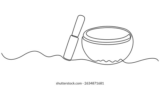 Icono de cuenco de canto, dibujo continuo de una línea, cuenco de canto tibetano con un palo resonante de madera, Dibujo de línea continua de icono de medicina herbal. Ilustración vectorial de símbolo dibujado a mano, tazón de canto .