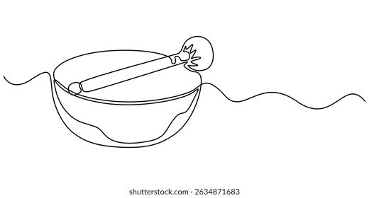 Klangschale Symbol durchgehende einzeilige Zeichnung, tibetische Klangschale mit hölzernem Resonanzstab, durchgehende Linienzeichnung der Kräutermedizin Symbol. Handgezeichnetes Symbol, Vektorgrafik, Gesangsschale .
