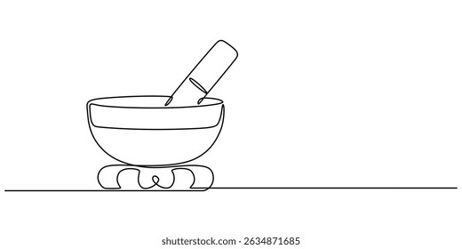 Klangschale Symbol durchgehende einzeilige Zeichnung, tibetische Klangschale mit hölzernem Resonanzstab, durchgehende Linienzeichnung der Kräutermedizin Symbol. Handgezeichnetes Symbol, Vektorgrafik, Gesangsschale .