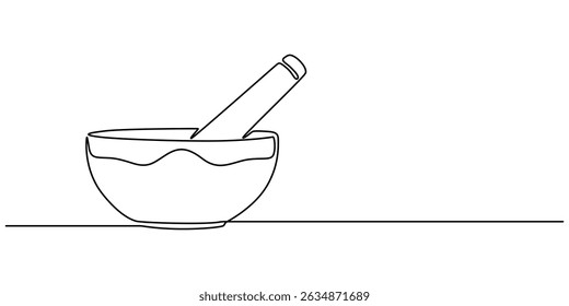 Ícone de tigela de canto contínuo um desenho de linha, tigela de canto tibetano com um pau ressonante de madeira, Desenho de linha contínua de Herbal Medicine Ícone. Símbolo desenhado à mão Ilustração de vetor, tigela de canto .