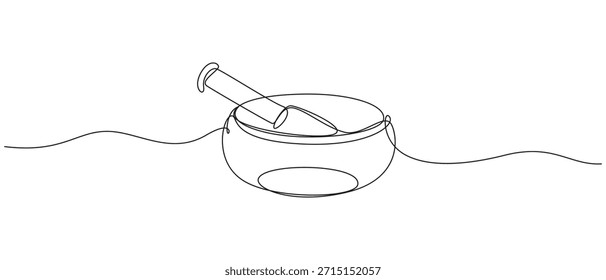 ícone de tigela de canto desenho contínuo de uma linha, Desenho de linha contínua de medicina de ervas Icon.one arte de linha cantando bowl vetor ilustração.