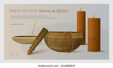 Cantando tazón con rosario. Velas anaranjadas, perlas, portador de incienso. Banner para clases de yoga, tratamientos de spa, terapia de sonido, ceremonia de relajación. Ilustración vectorial para afiches, banner, sitio web, publicidad