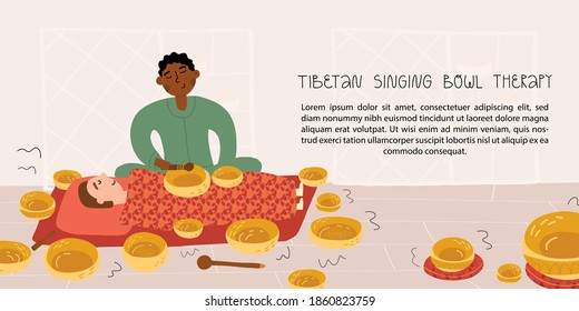 Singing bowls healing therapy session. A man sitting on the mat, a visitor lie nearby, a lot of metallic bowls vibrating around. Vector banner template with lettering and place for text.