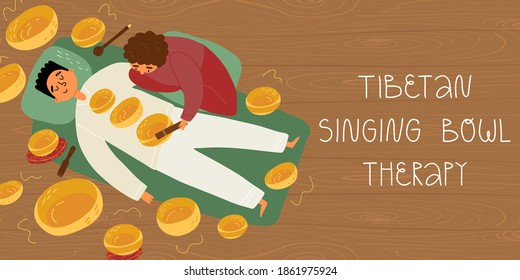 Singing bowls healing therapy session. A man sitting on the mat, a visitor lie nearby, a lot of metallic bowls vibrating around. Vector banner template with lettering and place for text.