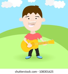 Singing boy with acoustic guitar on the meadow, vector illustration