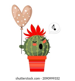A singing cactus with a balloon in a red pot. Vector clipart.