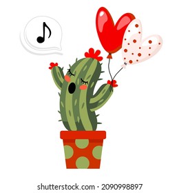 Singing cactus with balloons. Vector clipart.