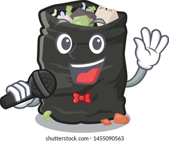 Singing cartoon garbage bag next to table