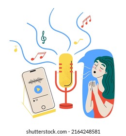 Singing cartoon girl. Music concept with singer. Musical podcast and vocal 