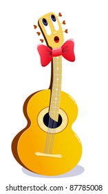 The singing cartoon guitar. Vector illustration. Isolated on white.