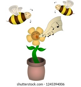 Singing cartoon happy flower in a pot with two dancing bees. Vector Illustration. Isolated on a white background