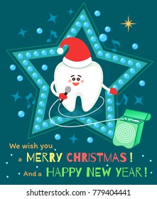 Singing cartoon tooth in Santa hat with dental floss. Merry Christmas and Happy New Year! Greeting card, poster from dentistry.