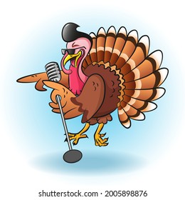 Singing cartoon turkey in sunglasses holding microphone. Vector illustration for thanksgiving day. Cartoon character for greeting card, poster, print