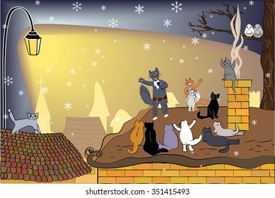 Singing cat with microphone and his audience. Winter background with cute cats. Singer cat on the roof and his fans. February serenade. Cats concert. 