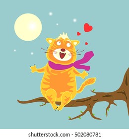 Singing cat sitting on the tree  vector illustration