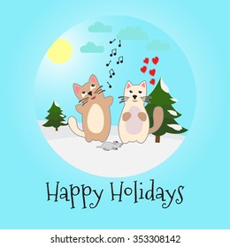 Singing cats and mouse. Happy holidays. Vector.