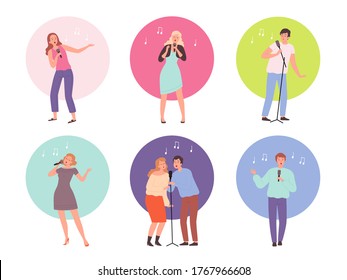 Singing characters. Adult people in karaoke club singing solo popular music vector persons isolated