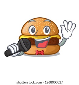 Singing cheese burger located on plate cartoon
