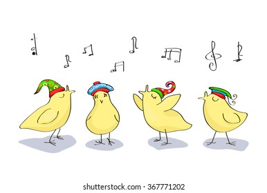 Singing chicken. Holiday illustration for Easter.