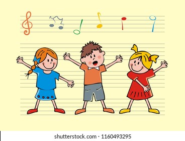 Singing children, at the background are stave and music notes, vector icon