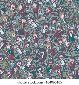 Singing children seamless pattern with doodled youngsters and school objects. Illustration is in eps8 vector mode, background on separate layer. 