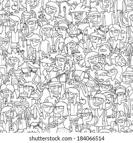 Singing children seamless pattern with doodled youngsters in black and white. Illustration is in eps8 vector mode, background on separate layer. 