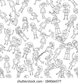 Singing children seamless pattern with doodled youngsters in black and white. Illustration is in eps8 vector mode, background on separate layer. 