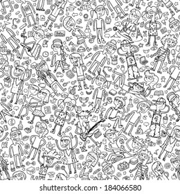 Singing children seamless pattern with doodled youngsters and school objects in black and white. Illustration is in eps8 vector mode, background on separate layer. 