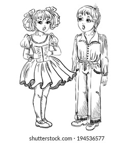 Singing children. Vector Outline sketch of boy and girl.