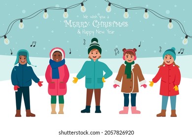 Сhildren singing Christmas carol song. Merry Christmas and Happy New Year greeting card or banner. Vector illustration in flat style