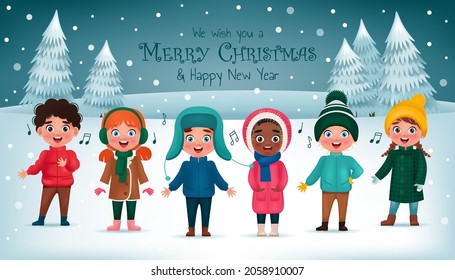 Сhildren singing Christmas carol song on snowy background. Merry Christmas and Happy New Year greeting card or banner. Cartoon vector illustration