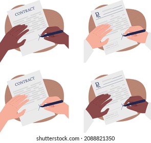 Singing contract flat color vector illustration set. Doing paperwork. Signature on license sheet. Writing on official legal documents 2D cartoon first view hand with abstract background collection