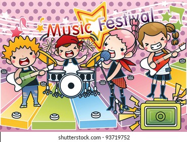 Singing Cute Young Children with Happy Music Festival - Rock & Roll Kids with various musical instruments on pink background with dot pattern : vector illustration